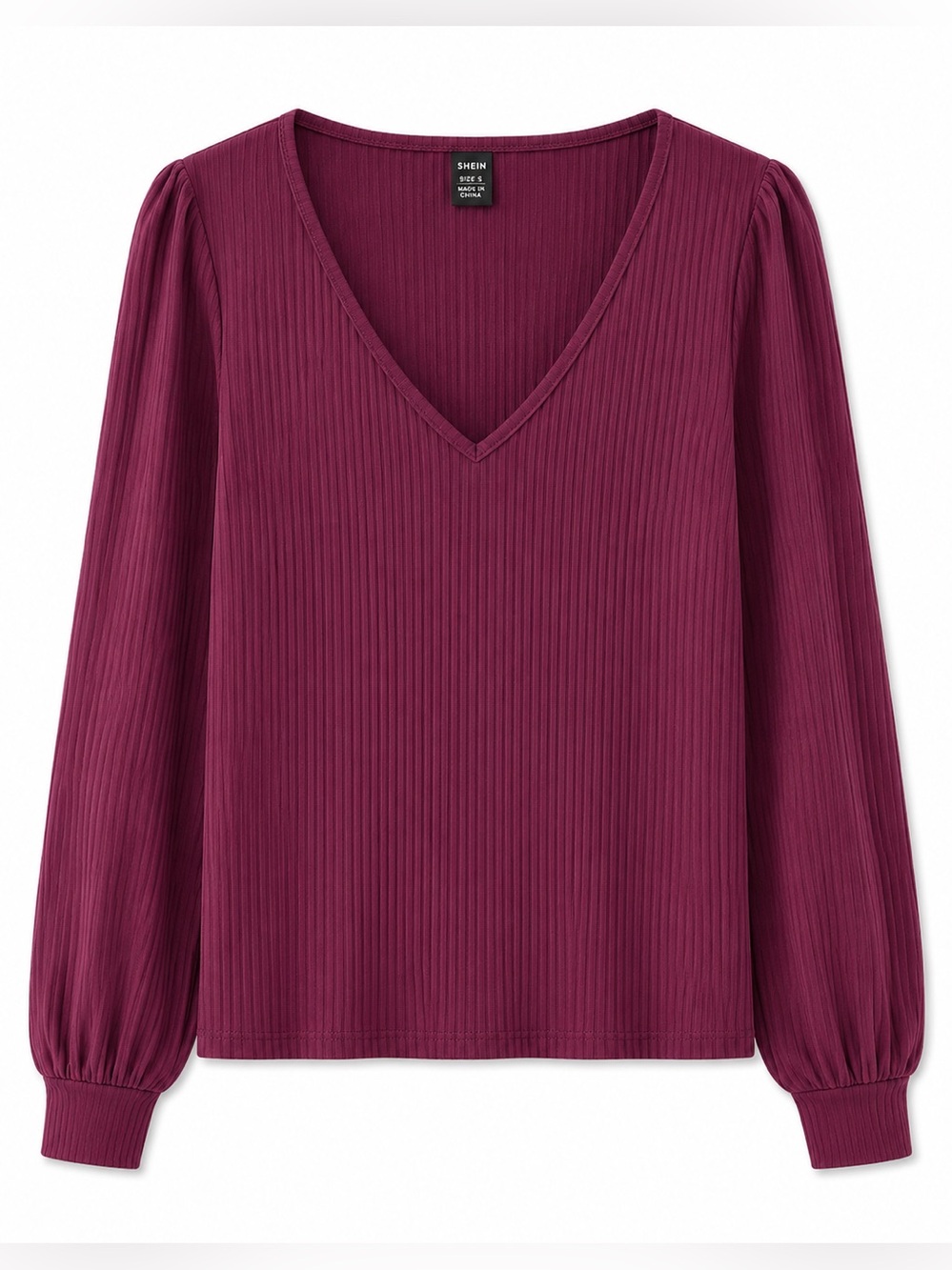 SHEIN Ribbed V-Neck Long Sleeve Top in Burgundy